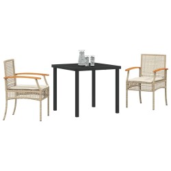 Ensemble de salle à manger jardin 3 pièces avec coussins en poly rattan beige 