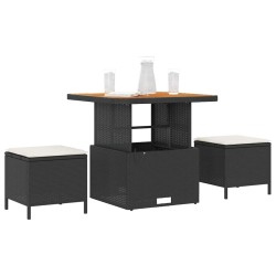 Ensemble de salle à manger de jardin 3 pièces avec coussins en poly rotin noir et acacia 