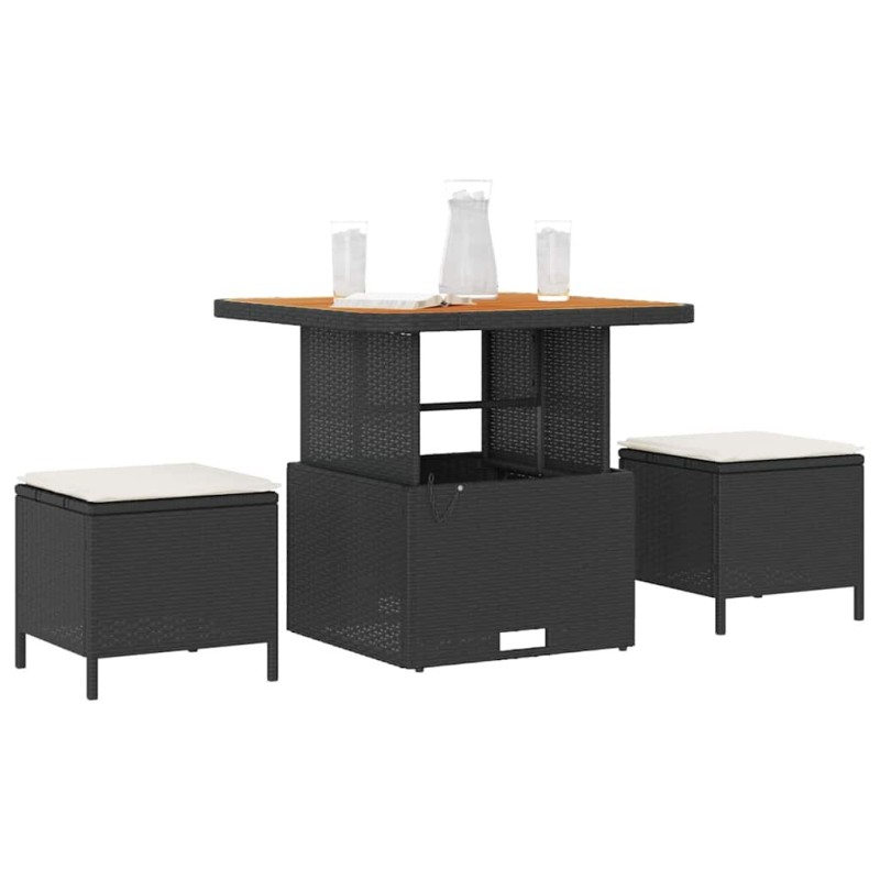 Ensemble de salle à manger de jardin 3 pièces avec coussins en poly rotin noir et acacia 