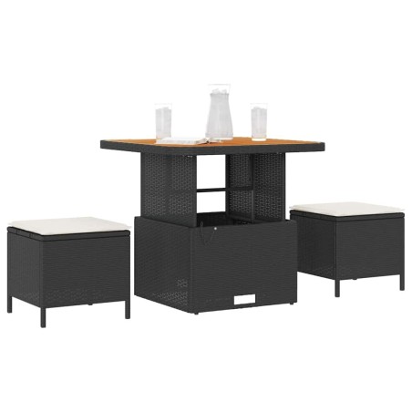 Ensemble de salle à manger de jardin 3 pièces avec coussins en poly rotin noir et acacia 
