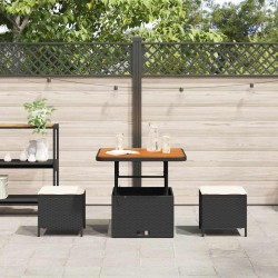 Ensemble de salle à manger de jardin 3 pièces avec coussins en poly rotin noir et acacia 