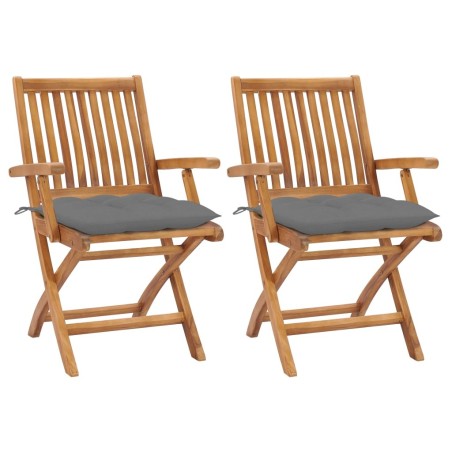 Chaises de jardin lot de 2 et coussins gris Bois de teck massif 