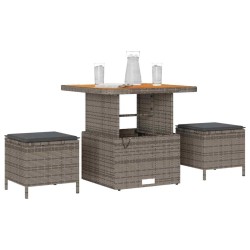 Ensemble de salle à manger de jardin 3 pièces avec coussins gris en poly rotin et acacia 