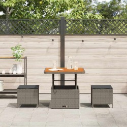 Ensemble de salle à manger de jardin 3 pièces avec coussins gris en poly rotin et acacia 