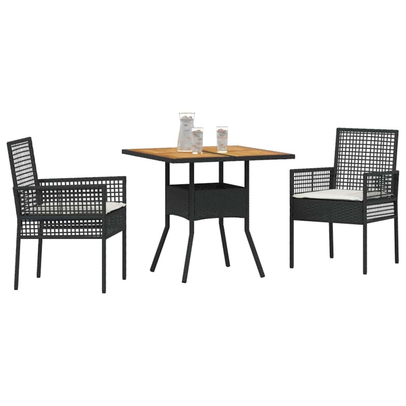 Ensemble de Salle à Manger de Jardin 3 Pièces avec Coussins Noir Poly Rattan 