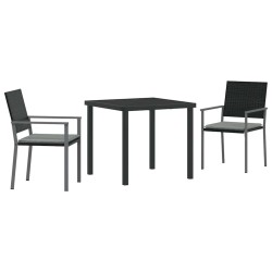 Ensemble de salle à manger de jardin 3 pièces avec coussins en poly rotin noir. 
