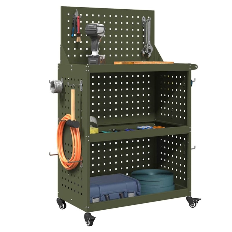 Chariot à outils avec étagère avec roue Vert olive 65 x 35 x 111 cm Métal 