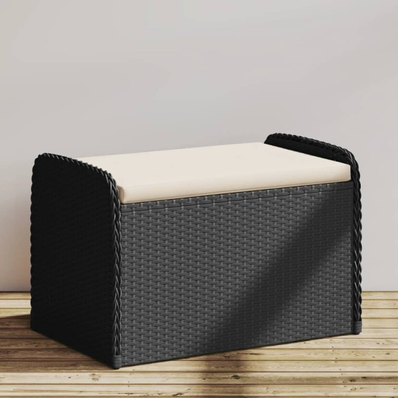 Banc de rangement avec coussin noir 80x51x52 cm résine tressée 