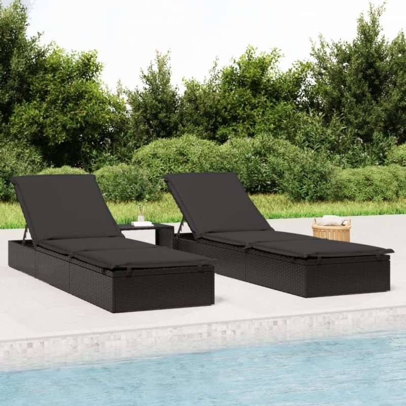 Chaise longue 1 pc avec coussin noir 201x55x62cm résine tressée 