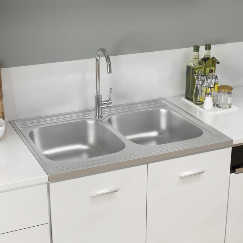 Évier de cuisine à double lavabo argenté 800x600x155 mm inox 