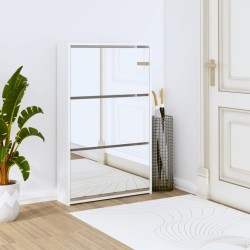 Armoire chaussures miroir 3niveaux Blanc brillant 63x17x102,5cm 