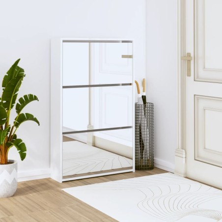 Armoire chaussures miroir 3niveaux Blanc brillant 63x17x102,5cm 