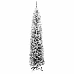Arbre de Noël slim 300 LEDs et boules avec neige enneigée verte 240 cm 
