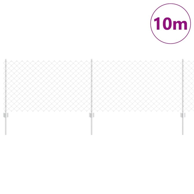 Clôture en Mailles avec 10 Poteaux en U Argent 0.8x10 m Acier 