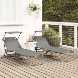 2 pcs Chaises longues pliantes avec auvent Gris Tissu Oxford 600D 