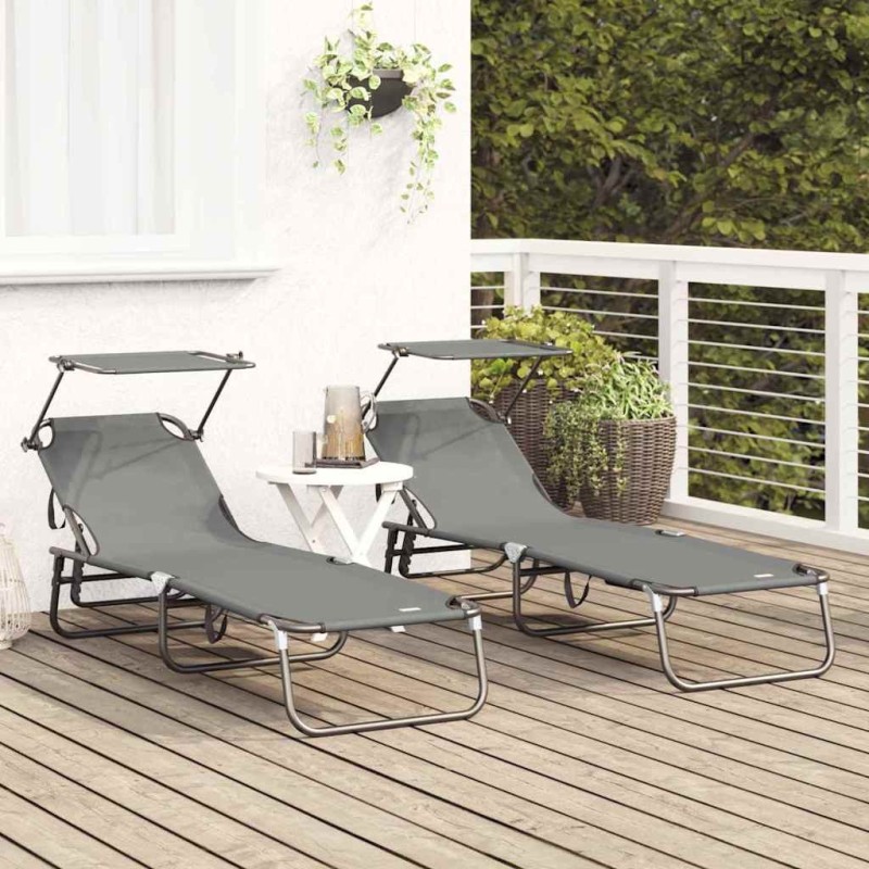 2 pcs Chaises longues pliantes avec auvent Gris Tissu Oxford 600D 