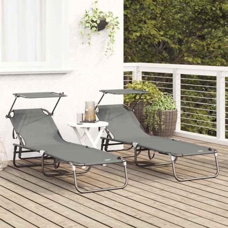 2 pcs Chaises longues pliantes avec auvent Gris Tissu Oxford 600D 