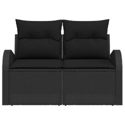 Canapé de jardin 2 places avec coussins noirs en poly rotin 