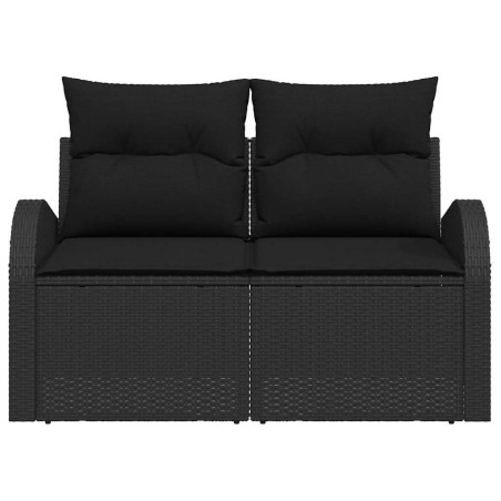Canapé de jardin 2 places avec coussins noirs en poly rotin 