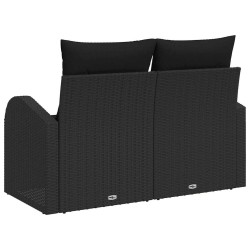 Canapé de jardin 2 places avec coussins noirs en poly rotin 