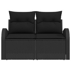 Canapé de jardin 2 places avec coussins noirs en poly rotin 