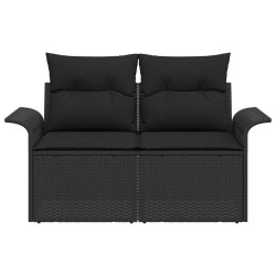 Canapé de jardin 2 places avec coussins en poly rotin noir 