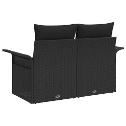 Canapé de jardin 2 places avec coussins en poly rotin noir 