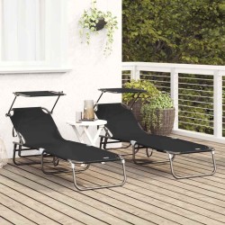 Chaises longues pliantes 2 pcs avec auvent Noir tissu Oxford 600D 