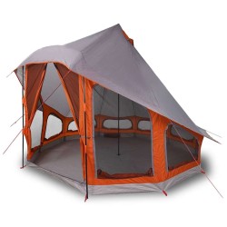 Tente familiale tipi grise et orange pour 6 personnes, imperméable. 