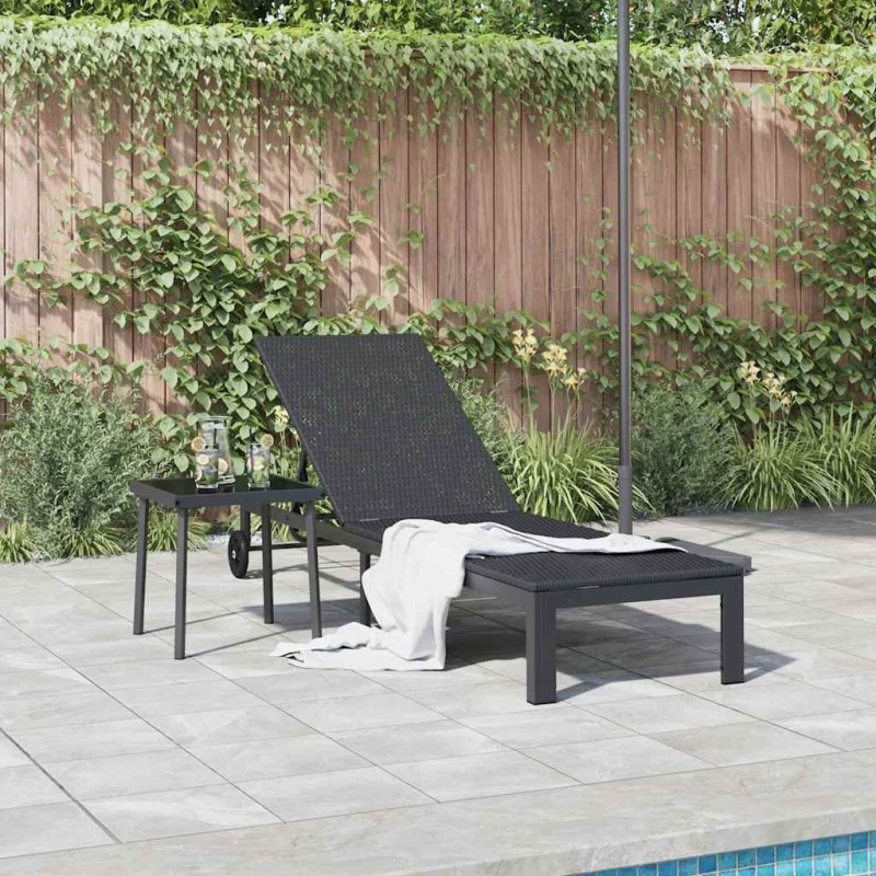 Chaise longue avec roues en poly rotin noir 