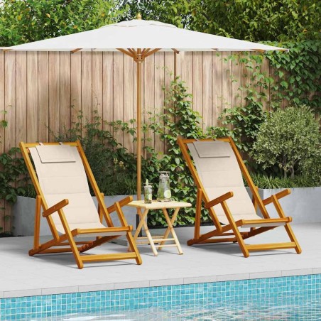 Chaises de plage pliantes 2 pcs Crème en bois d'acacia massif et Textilène 