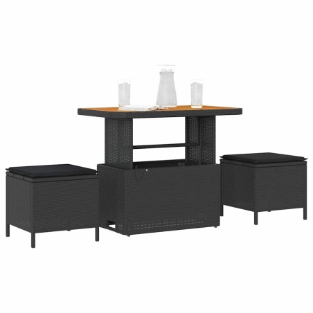 Ensemble de salle à manger de jardin 3 pièces avec coussins en poly Rattan noir et acacia 