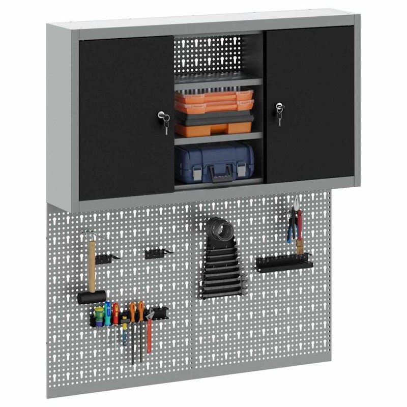 Ensemble de cabinet à outils et de panneau perforé 3 pièces mural en métal noir 
