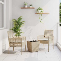Ensemble Bistro de Jardin 3 Pièces avec Coussins Beige en Poly Rattan 