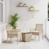 Ensemble Bistro de Jardin 3 Pièces avec Coussins Beige en Poly Rattan 