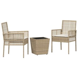 Ensemble Bistro de Jardin 3 Pièces avec Coussins Beige en Poly Rattan 