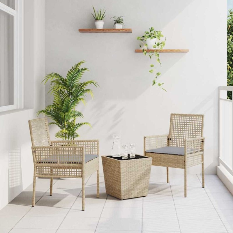 Ensemble de Bistro de Jardin 3 Pièces avec Coussins Beige en Poly Rattan 