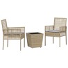 Ensemble de Bistro de Jardin 3 Pièces avec Coussins Beige en Poly Rattan 