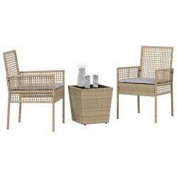 Ensemble de Bistro de Jardin 3 Pièces avec Coussins Beige en Poly Rattan 