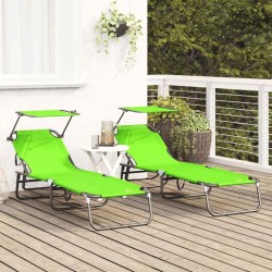 Set de 2 Chaises Longues Pliantes avec Auvent Vert en Tissu Oxford 600D 