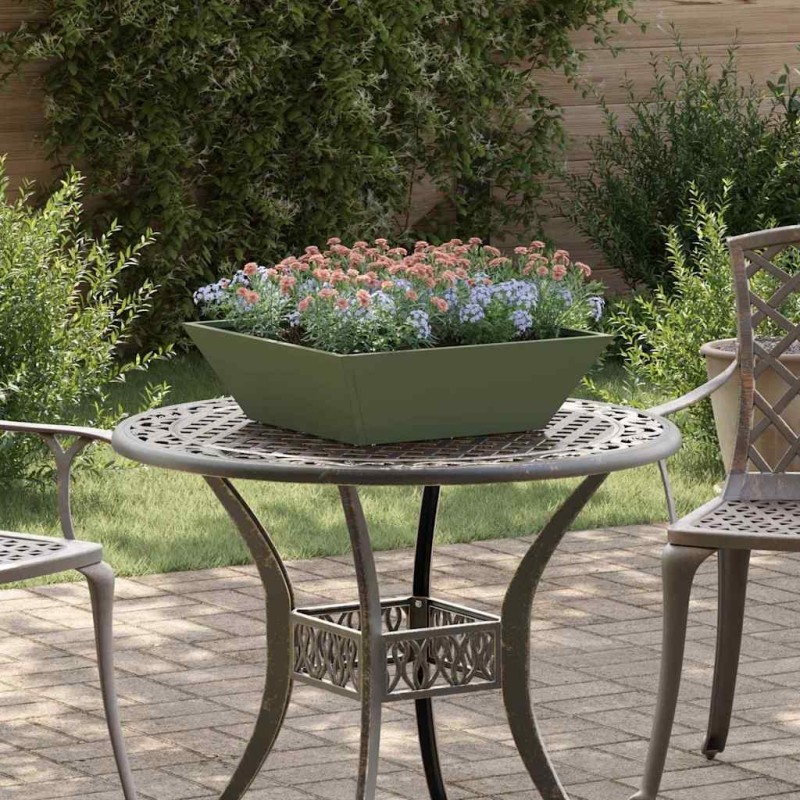 Set de 5 jardinières en bol pour le jardin, en vert olive, dimensions 50x50x15 cm en acier. 