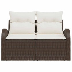Canapé de jardin 2 places avec coussins en poly rotin marron 
