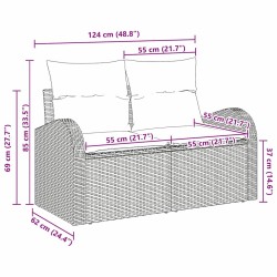 Canapé de jardin 2 places avec coussins en poly rotin marron 