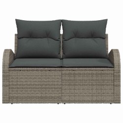 Canapé de jardin 2 places avec rangement et coussins gris en poly rattan 