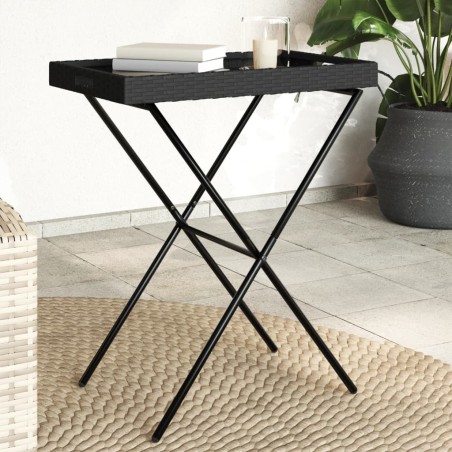 Table à plateau pliable noir 65x40x75 cm résine tressée 