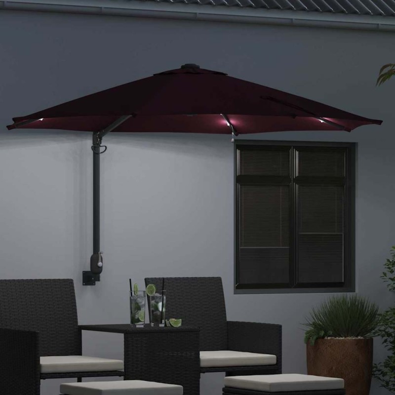 Parasol mural avec LEDs bordeaux, 248 cm 
