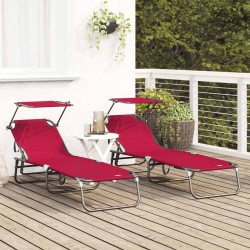 Chaises longues pliantes 2 pcs avec auvent rouge en tissu Oxford 600D 