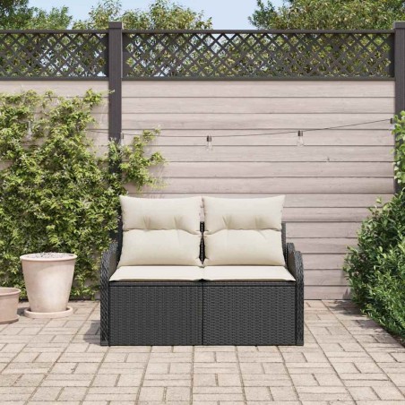Canapé de jardin 2 places avec rangement et coussins en poly rattan noir 