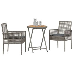 Ensemble Bistro de Jardin 3 Pièces avec Coussins Gris en Poly Rattan 
