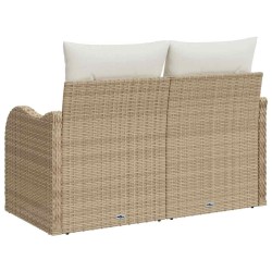 Canapé de jardin 2 places avec rangement et coussins en poly rattan beige 